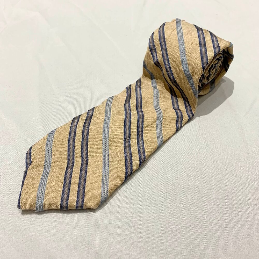 VTG 100% Silk Lineage Yellow Beige Blue Striped Repp Tie Made in Canada